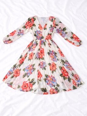 Lane Bryant Cream Midi Dress with Red & Blue Floral Print